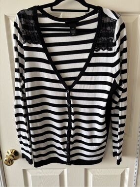 Lane Bryant Black and White Striped Lace-Shoulder V-Neck Cardigan